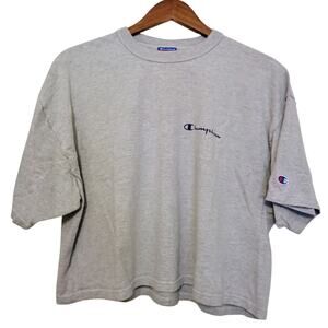 Vintage 90s Champion Crop Top T-Shirt Gray Logo Tee Made in Mexico SZ L